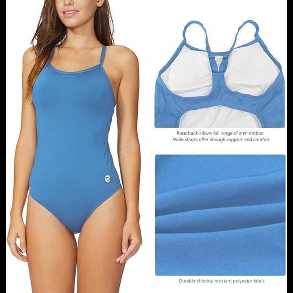 Women's Sky Blue Athletic Training One Piece Bathing Suit - Picture 3 of 9